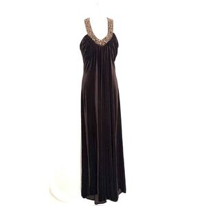 JS‎ Boutique Brown Velveteen Goddess Style Maxi Halter Gown Copper Beading Sz 8